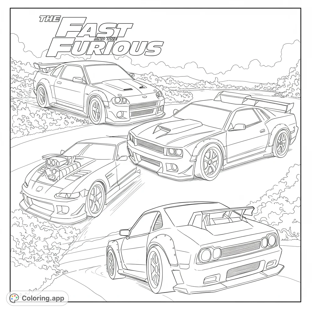 Dynamic custom street cars on a winding road, perfect for speed enthusiasts. A free printable car coloring page for all ages.