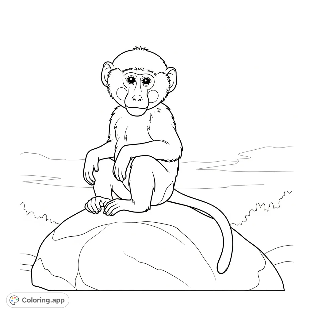 A delightful coloring page featuring a cute baby baboon with soft cheeks, sitting peacefully on a rock with a minimalist background, inviting creativity.