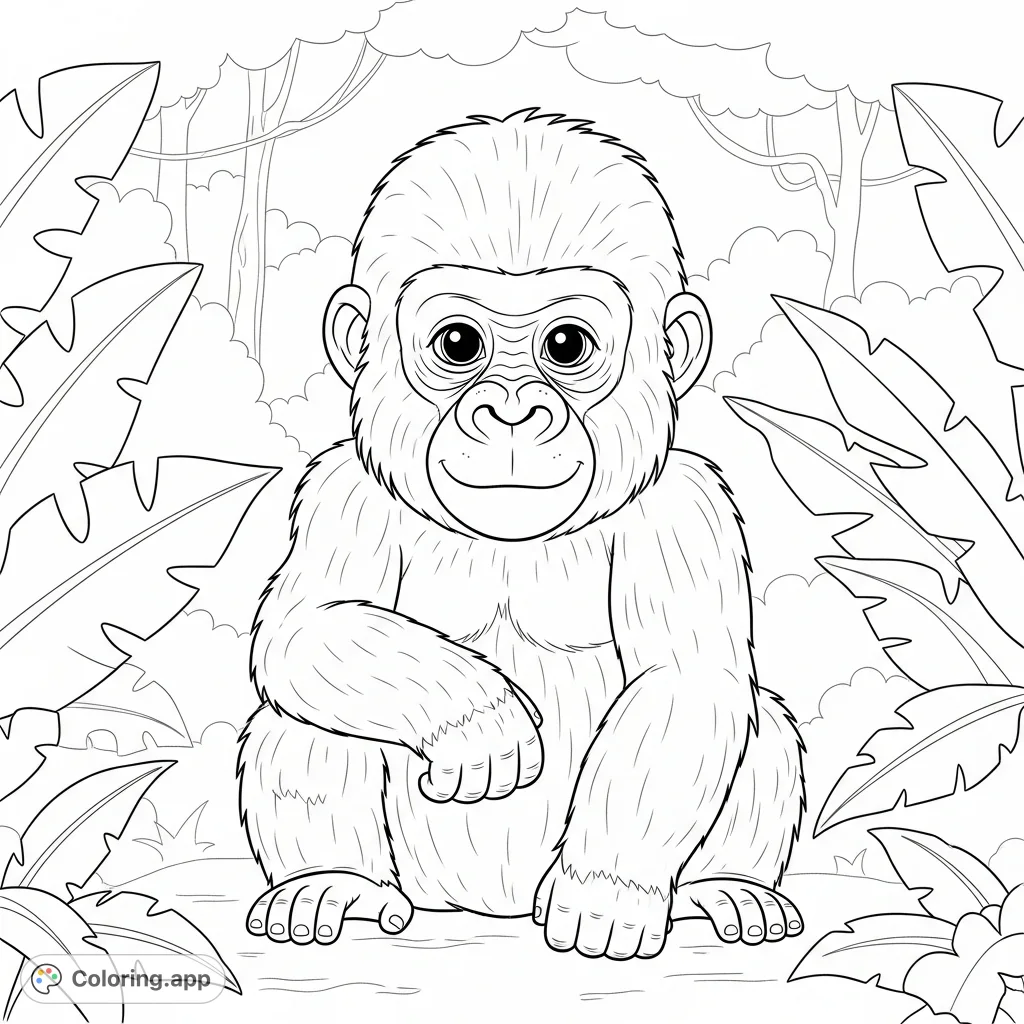 A charming baby gorilla with soft features sits peacefully amidst a simplified jungle background. Perfect for a calming coloring experience.