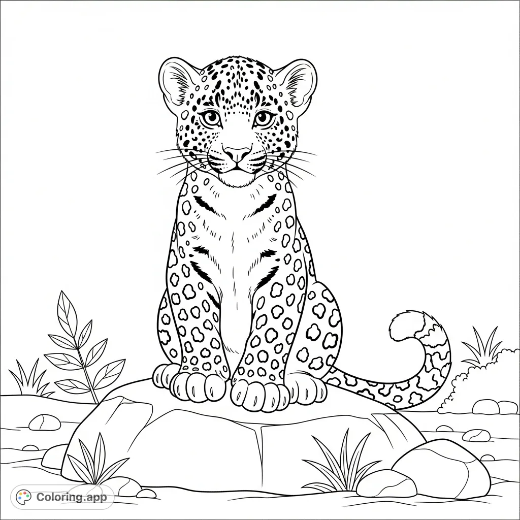 An adorable baby leopard with tiny spots and a friendly face sits on a rock, surrounded by subtle natural elements, inviting a heartwarming coloring experience.