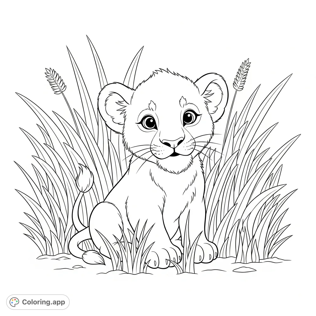 An adorable baby lion sits in tall jungle grass, featuring a soft rounded mane and gentle expression. Perfect for a calming coloring experience.