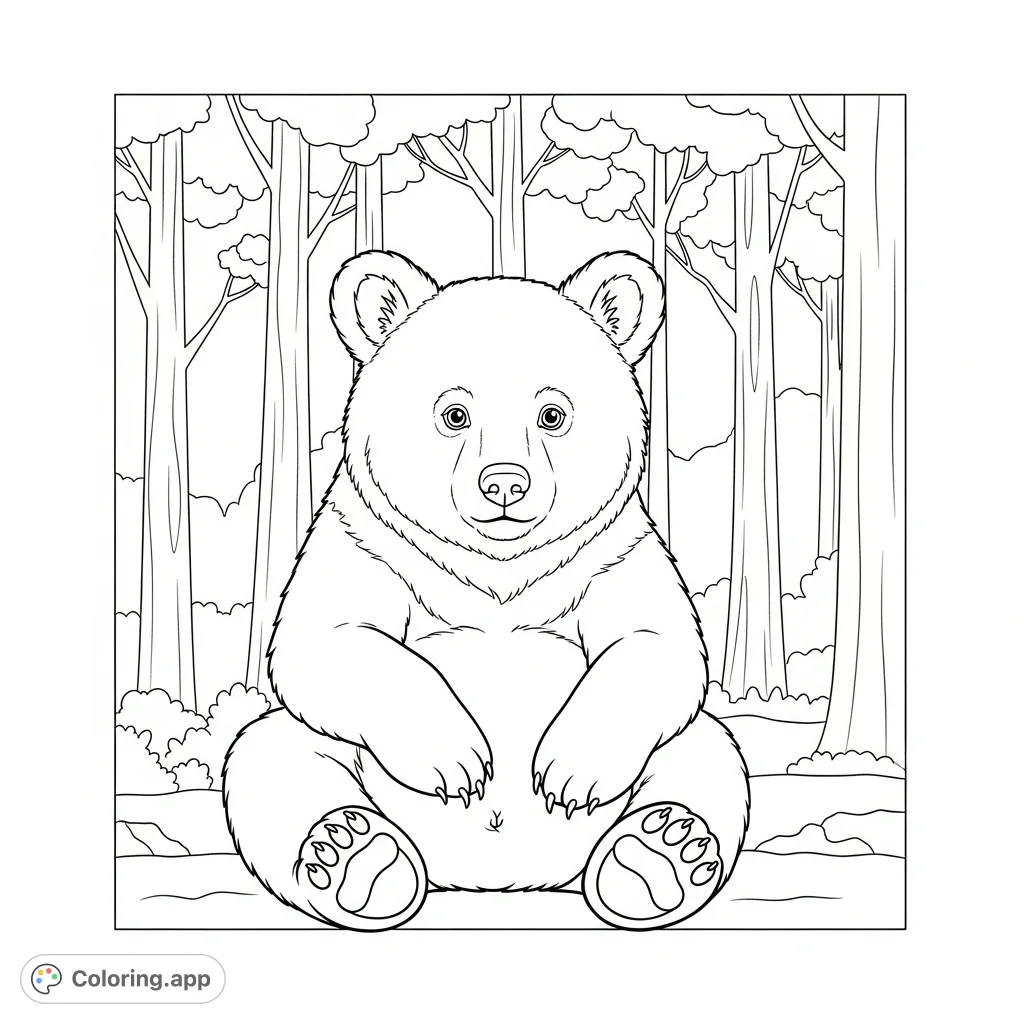 A charming bear cub sits with paws on its belly, framed by tranquil forest tree silhouettes. A delightful, simple scene perfect for focused coloring.