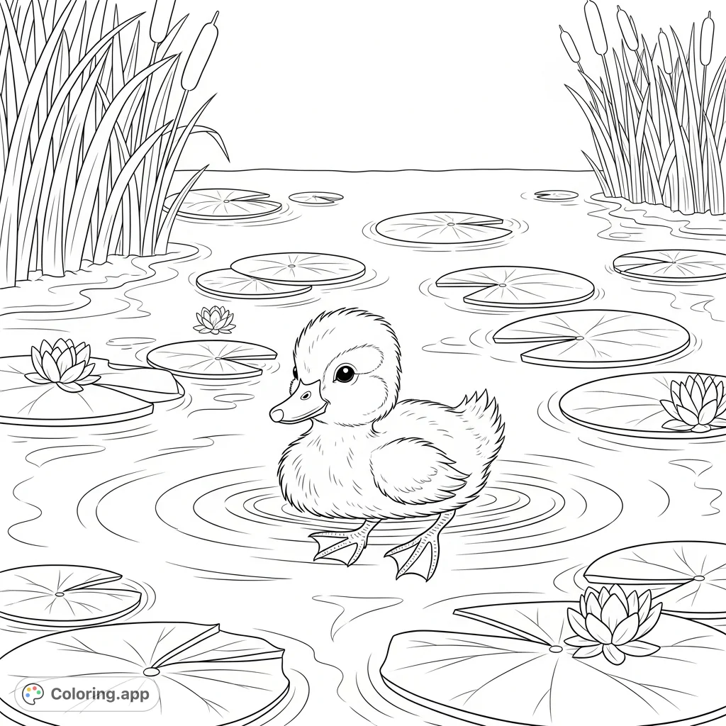 A charming coloring page featuring a fluffy duckling happily swimming in a serene pond, surrounded by lily pads and gentle water ripples. Perfect for young artists.