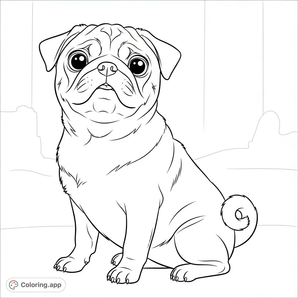 An adorable pug sits, gazing upward with wide, hopeful eyes and a slightly tilted head. Its wrinkled face and curled tail add charm, set against a simple background.