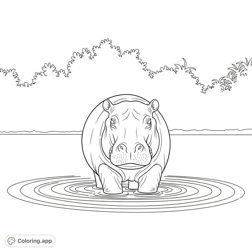 A charming hippo calf stands in shallow, rippled water with a silhouetted jungle background, inviting creativity and relaxation for all ages.