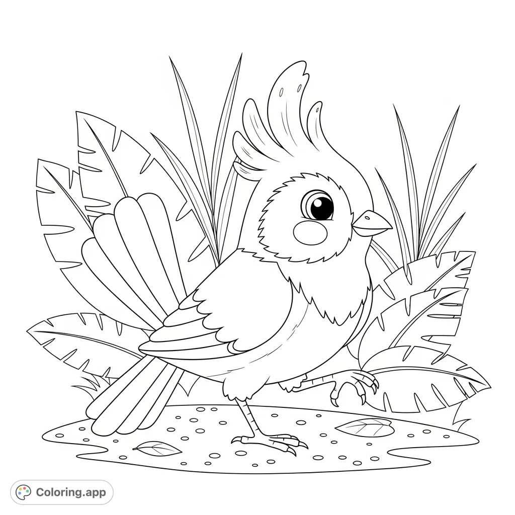 A charming jungle bird with simplified tufted feathers hops along the ground, surrounded by lush foliage. Perfect for a relaxing and engaging coloring experience.
