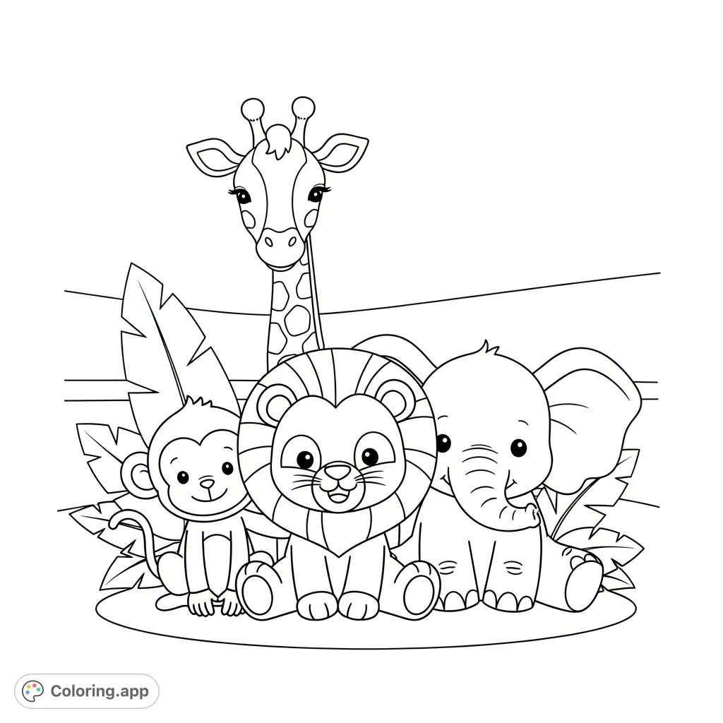 A cheerful coloring page featuring a cute lion, monkey, elephant, and giraffe sitting together in a friendly pose with a minimal, simple background.