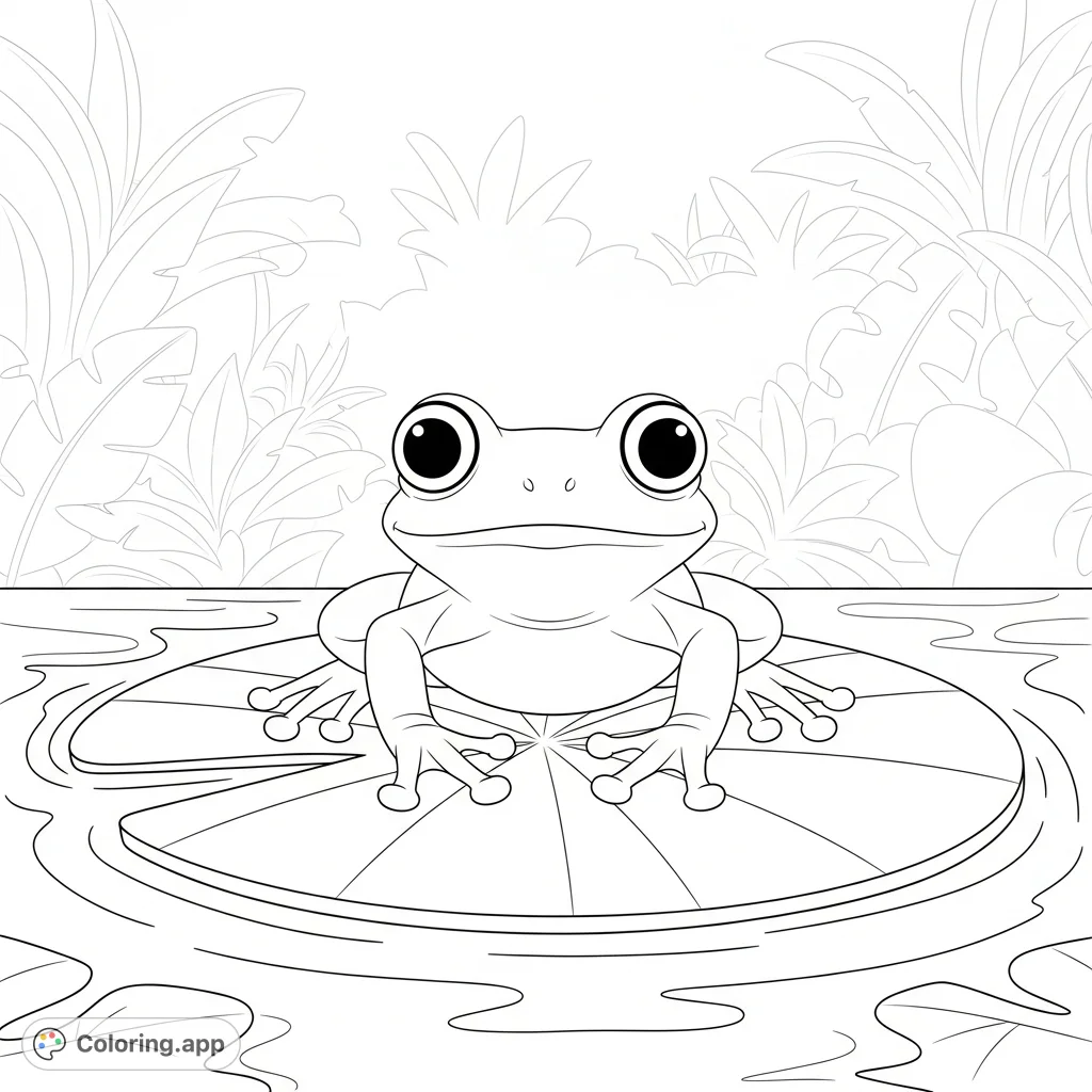 A charming coloring page featuring a cute jungle frog with big eyes perched on a lily pad, surrounded by simple water shapes and jungle hints.