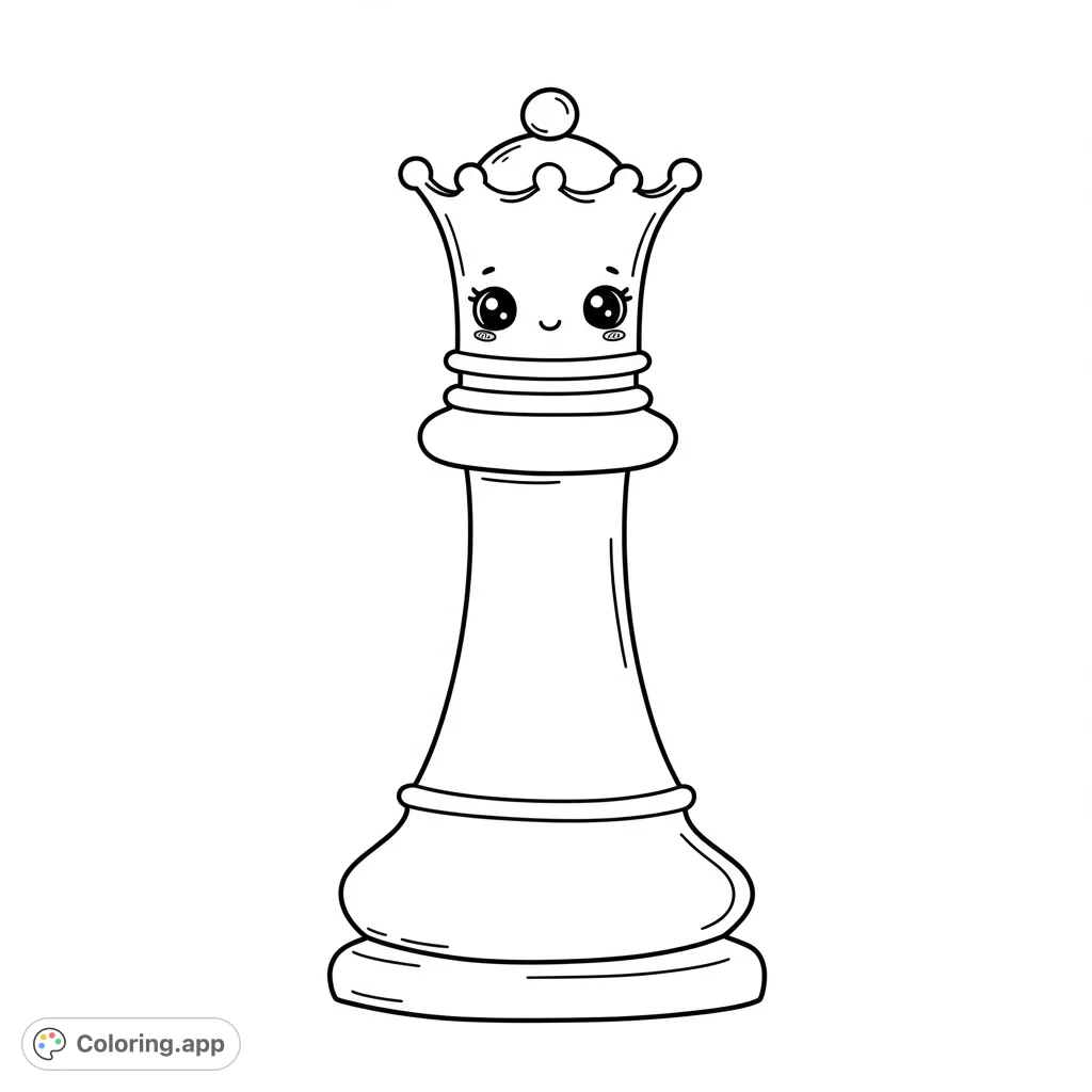 An adorable kawaii chess queen line art, perfect for a free printable coloring page. Features a charming face and royal crown, ideal for kids and adults.