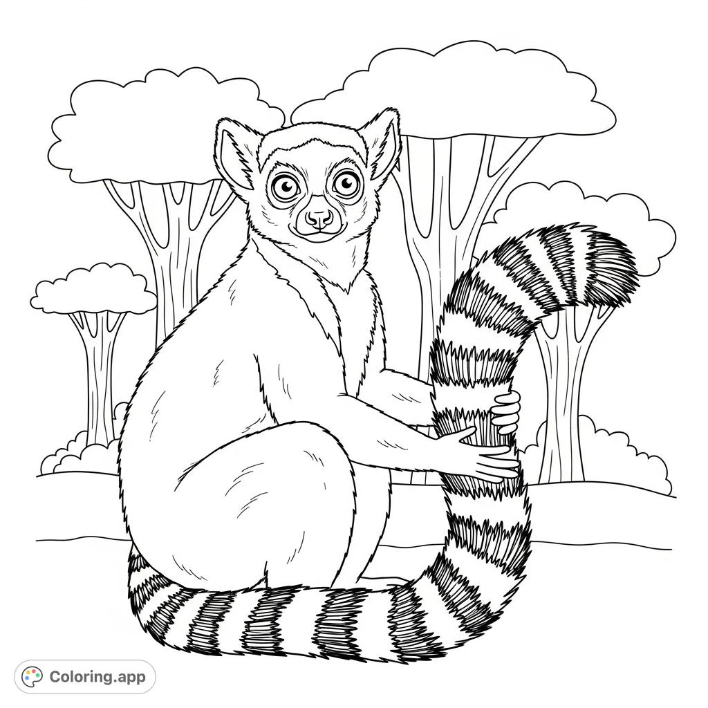 Discover a charming lemur coloring page, featuring a cute ring-tailed lemur holding its striped tail amidst abstract tree shapes. Perfect for all ages!