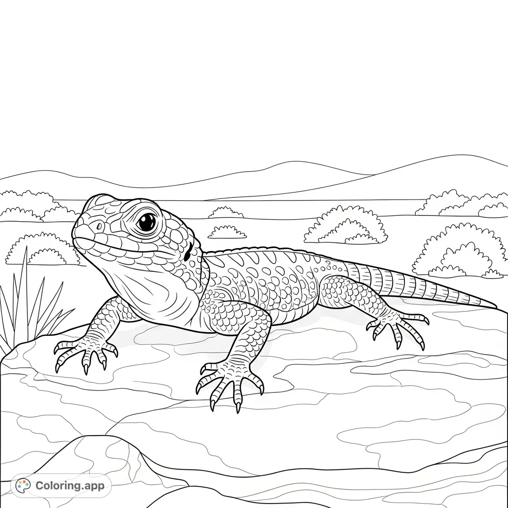 Discover a charming lizard sunbathing on a textured rock, surrounded by a serene, arid landscape. Perfect for nature lovers and all ages.