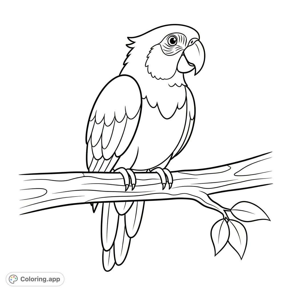An adorable parrot with large, simplified feathers perches on a branch, featuring a cute expression, perfect for creative coloring.