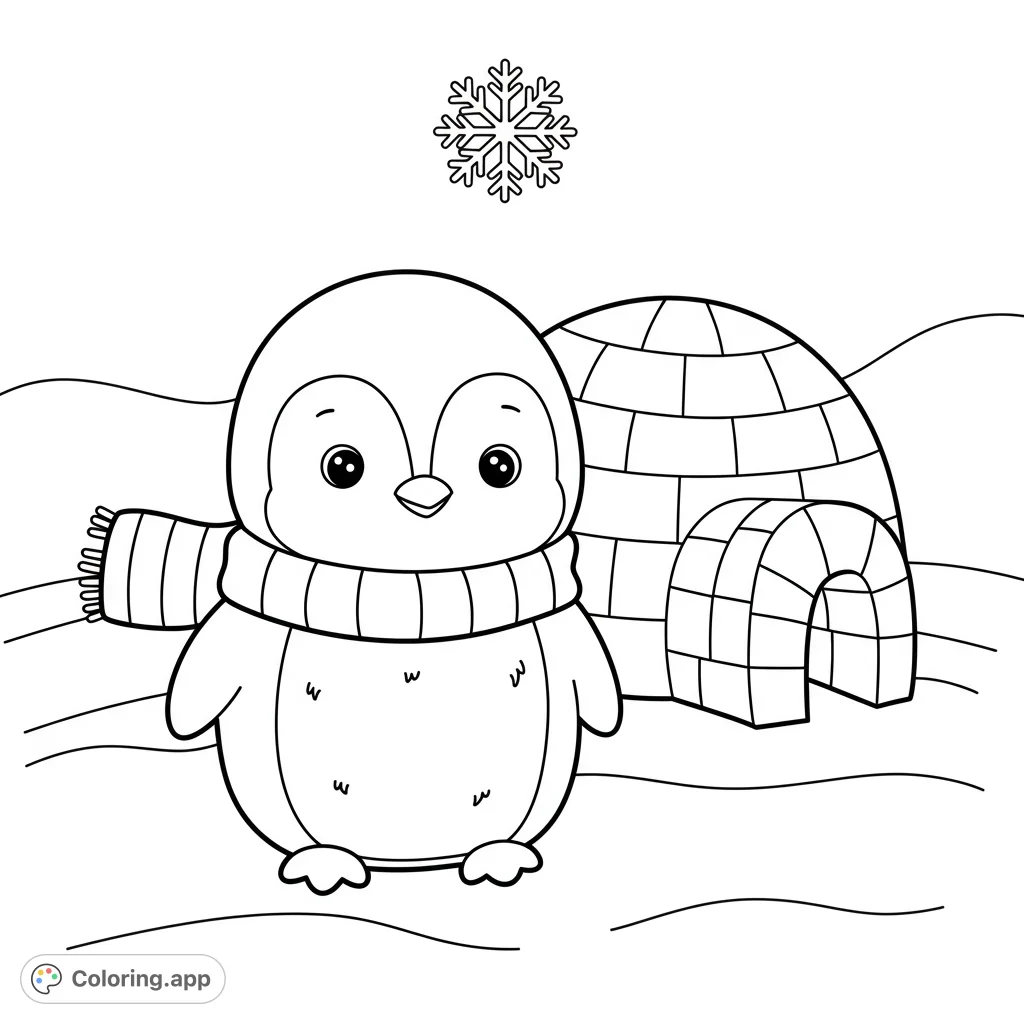 An adorable penguin in a striped scarf stands by an igloo in a snowy landscape, with a snowflake falling. Perfect for winter fun!