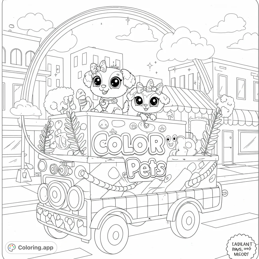 Adorable puppy-like pets on a whimsical parade float, cruising through a cheerful city street under a rainbow. A delightful free printable coloring page.