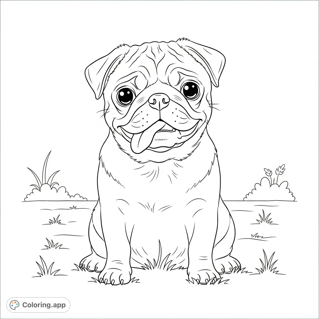 An adorable pug sitting with its tongue out, featuring charming round eyes and soft facial wrinkles against a simple grassy backdrop, perfect for quick coloring.