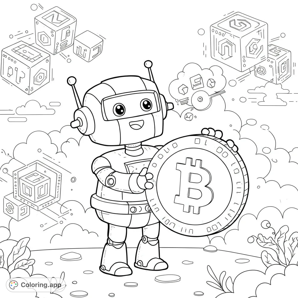 A friendly robot proudly holds a large bitcoin, surrounded by floating crypto cubes and digital patterns. A fun, futuristic coloring page for all ages.