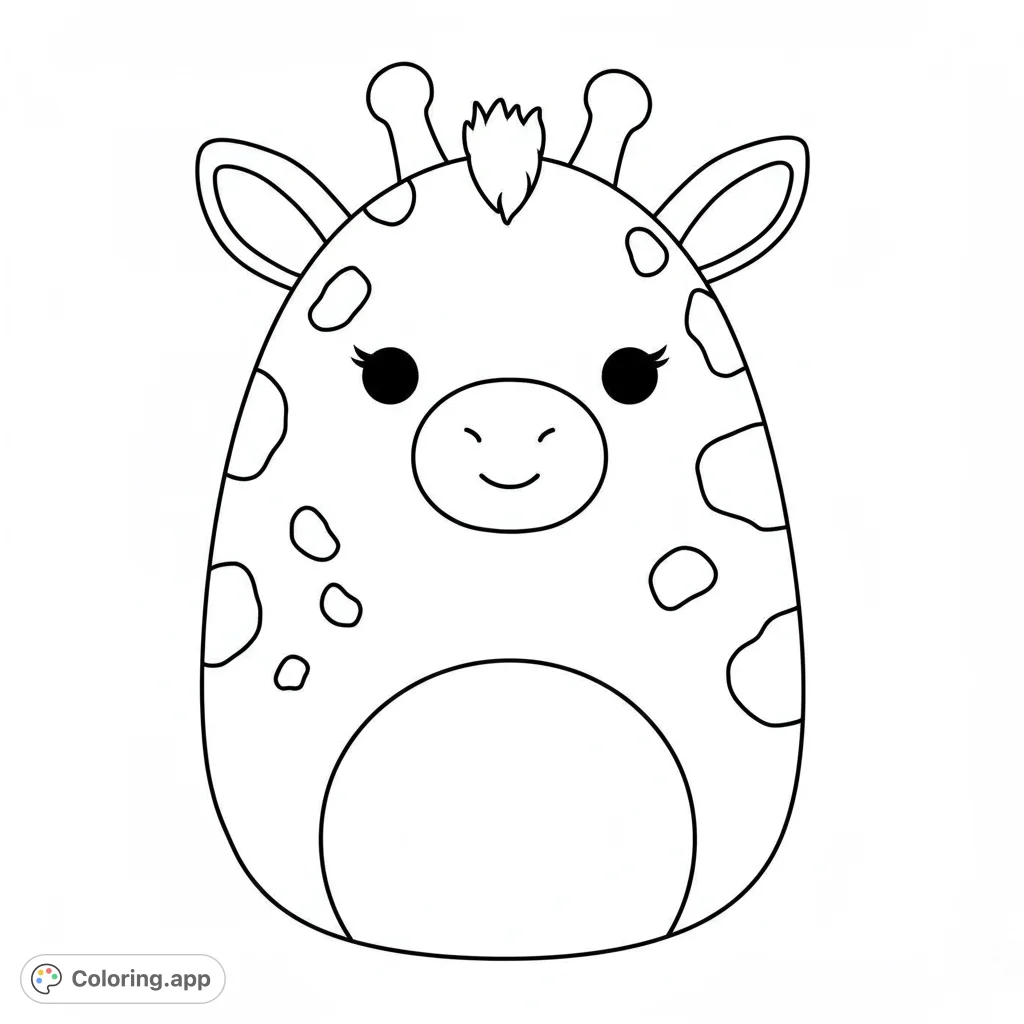 A super cute, squishy giraffe coloring page, perfect for kids and adults. Features a friendly face and fun spots for creative coloring.