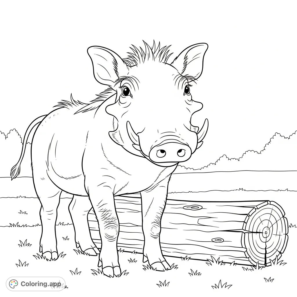 An adorable warthog piglet with small tusks and round cheeks stands playfully beside a rustic log on grassy terrain, ready for a splash of color.