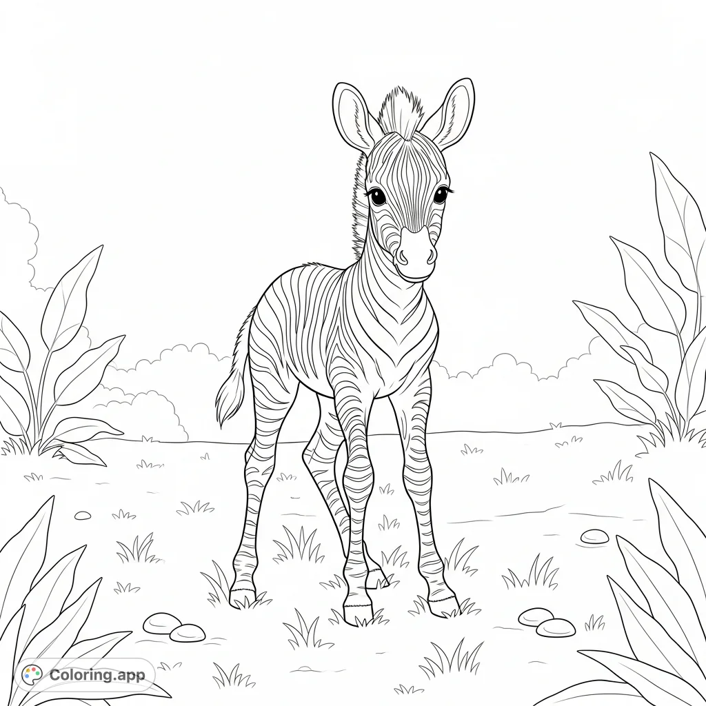 A charming coloring page featuring a cute zebra foal with simple stripes and rounded features standing playfully in a sunlit clearing.