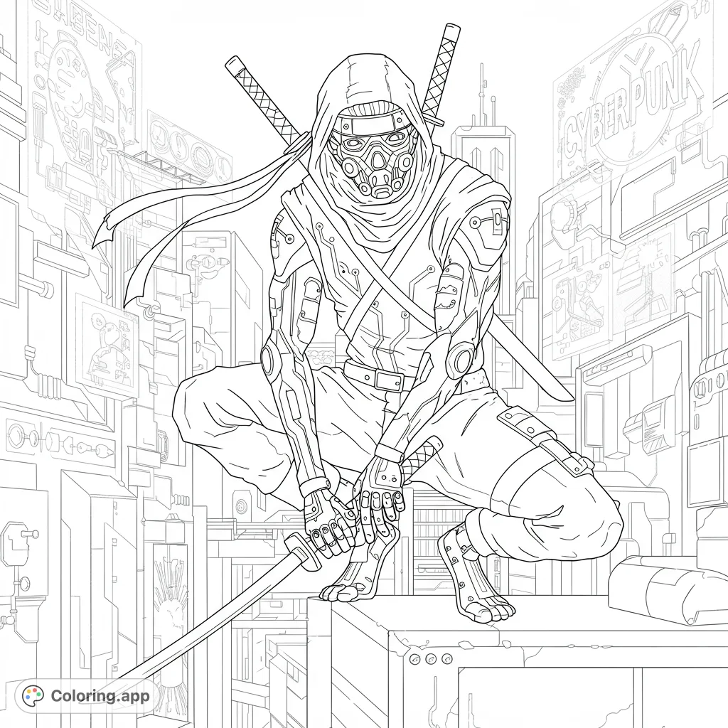 A detailed cyberpunk ninja coloring page, featuring a masked warrior in a futuristic city. Free printable coloring page for adults and teens.