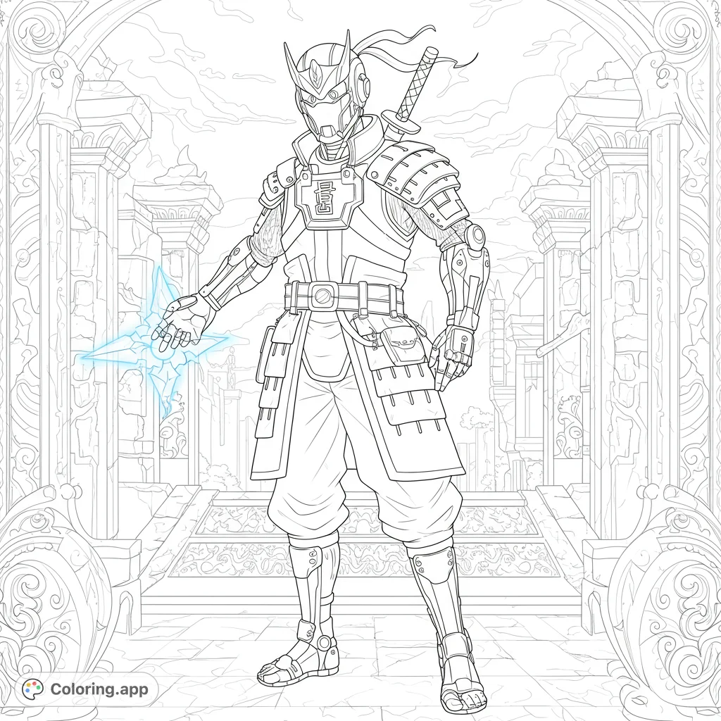 A powerful cyber samurai warrior stands ready in ancient ruins, wielding a glowing energy shuriken. Intricate details offer a captivating coloring experience.