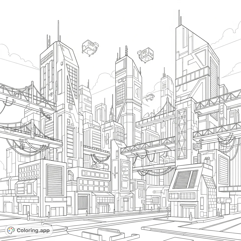 Explore a futuristic cyberpunk city district, featuring towering angular buildings, intricate walkways, glowing neon panels, and flying vehicles.