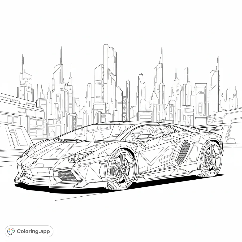 A thrilling cyberpunk concept supercar, simplified for coloring, featuring sharp angles, futuristic details, and dynamic urban backdrop.