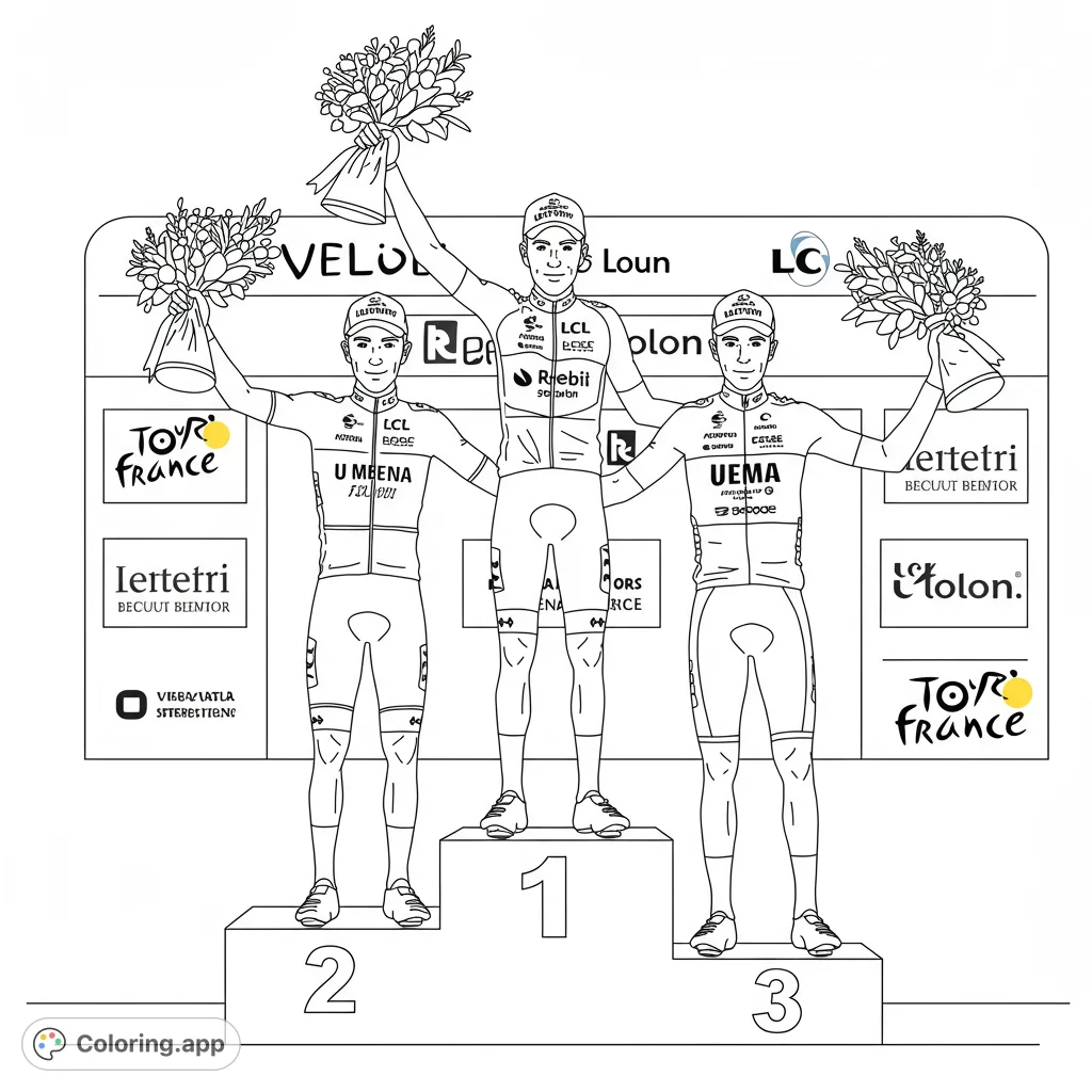 Celebrate victory with this cycling podium coloring page! Three triumphant cyclists, bouquets, and a winner's stage await your vibrant colors.