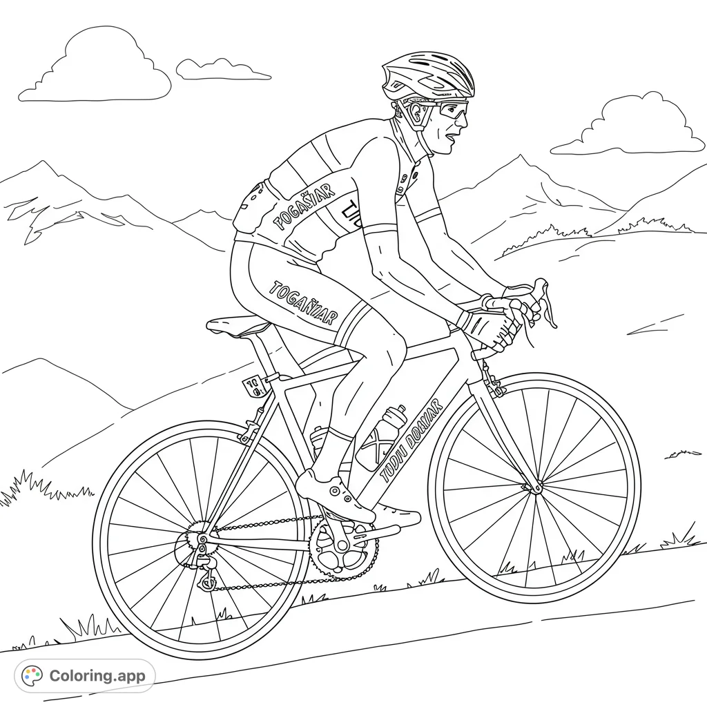 Dynamic cycling coloring page featuring a determined cyclist on a road bike ascending a mountain road, perfect for sports enthusiasts and free printable fun.