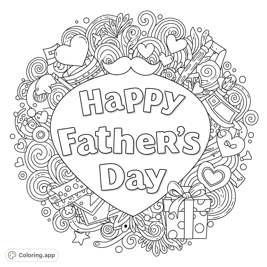Celebrate Dad with this intricate doodle art featuring a central heart, mustache, tools, and gifts, perfect for a personalized Father's Day coloring page.