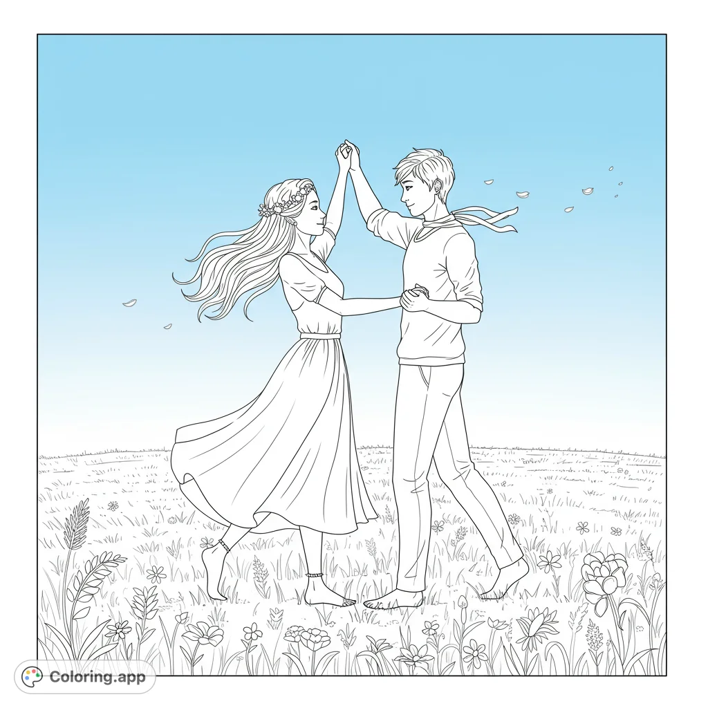 A romantic couple dances gracefully in a field of wildflowers under a clear sky. Perfect for a serene and joyful coloring experience.