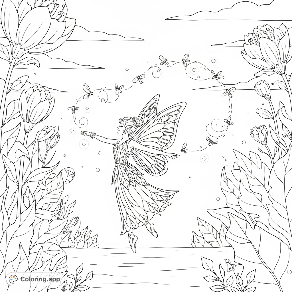 A magical fairy gracefully dances amidst a swirling constellation of glowing fireflies in an enchanted forest. A whimsical scene for all ages.