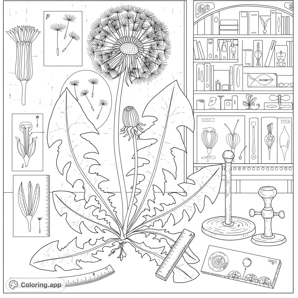 Explore a detailed dandelion botanical study coloring page, featuring intricate plant structures, scientific diagrams, and laboratory elements for an educational experience.