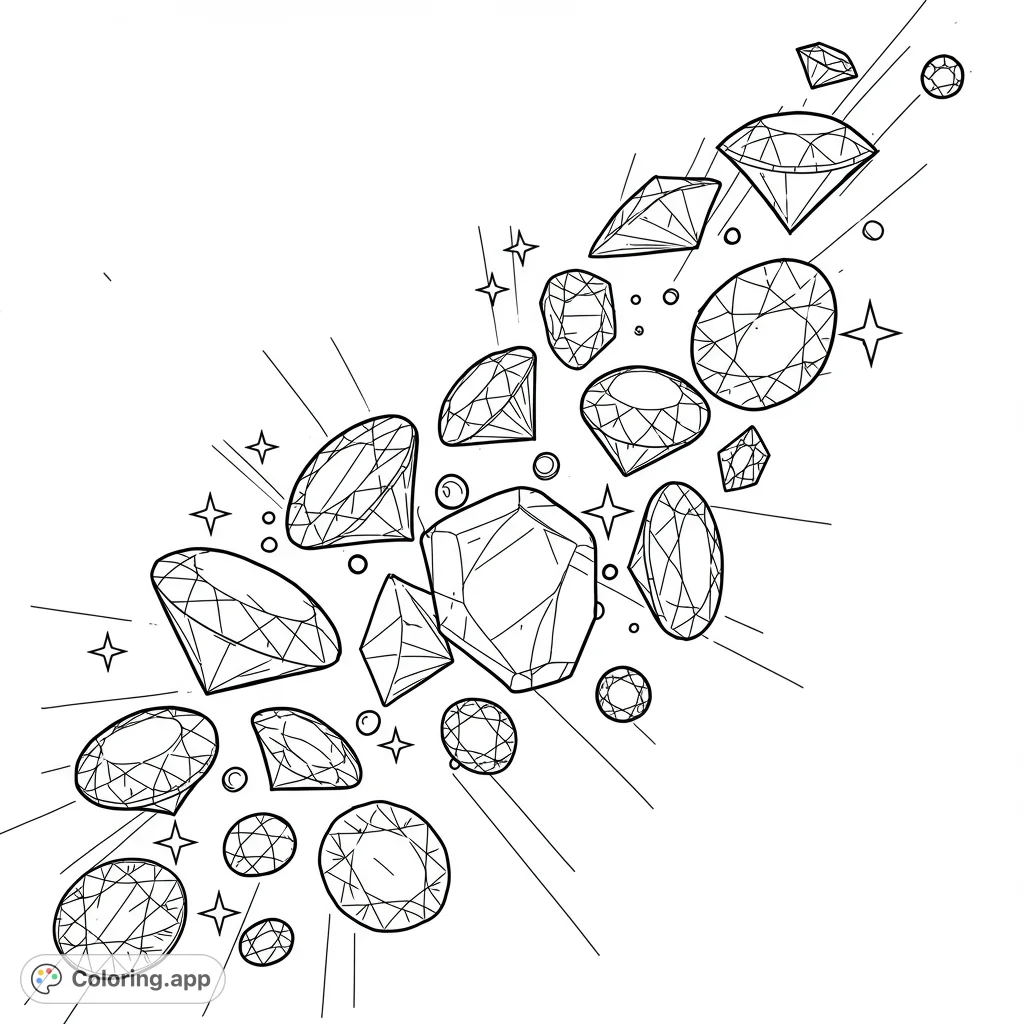 A dazzling array of various cut diamonds and sparkling gems, appearing to cascade across the page. Perfect for a brilliant and intricate coloring experience.