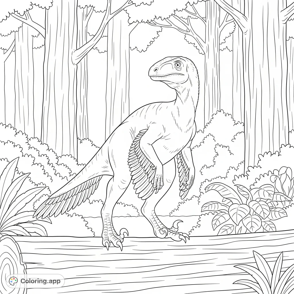 A majestic Deinonychus perched on a sturdy log amidst a dense, ancient forest. Simplified feathers and an alert stance capture the essence of this prehistoric hunter.