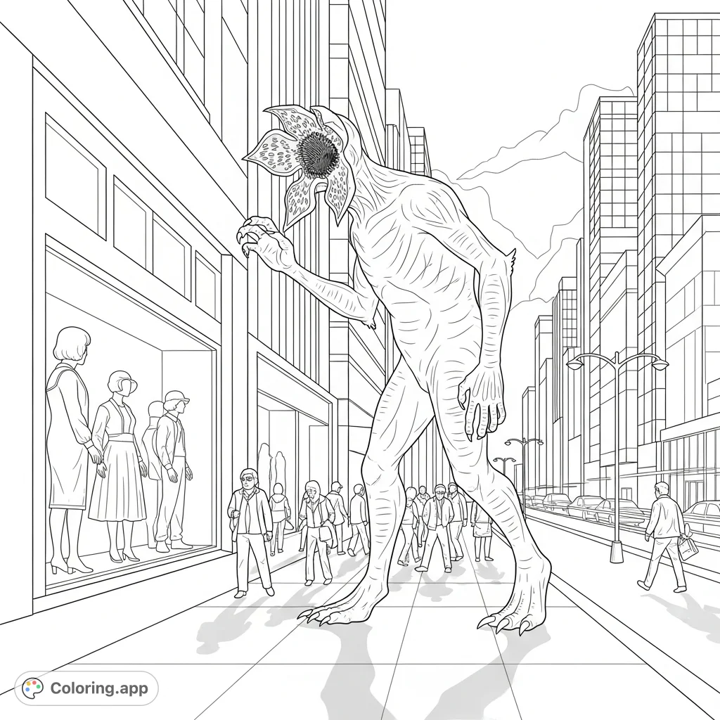 An imposing Demogorgon wanders a bustling city street, pausing to curiously examine mannequins in a storefront window amidst towering skyscrapers and hurried pedestrians.