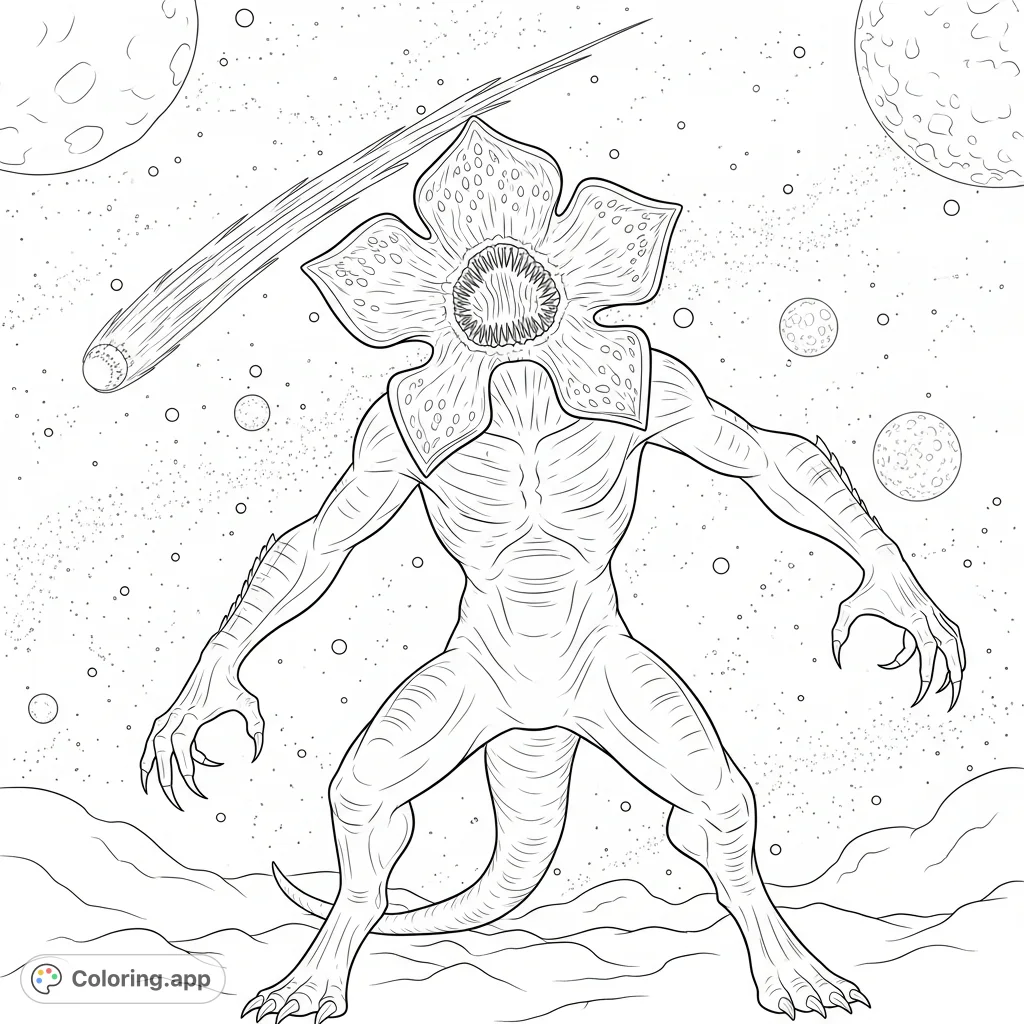 Unleash your creativity with this Demogorgon coloring page, featuring the monster mid-roar in the star-dusted expanse of space with a streaking comet.