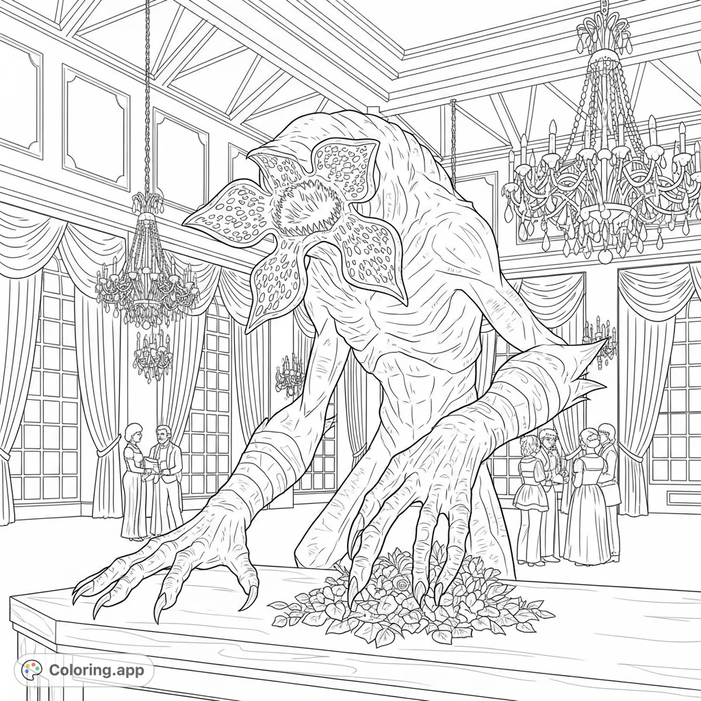 A striking Demogorgon coloring page featuring the creature awkwardly intruding on an opulent grand ballroom with crystal chandeliers and elegant guests.