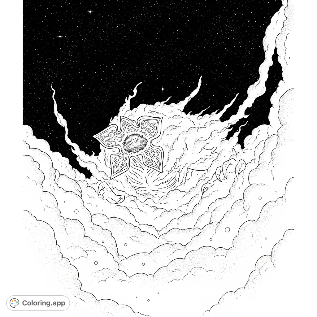 Experience the terror of a Demogorgon shrouded in swirling cosmic dust within the deep void. A chilling cosmic horror coloring page for fans of the unknown.