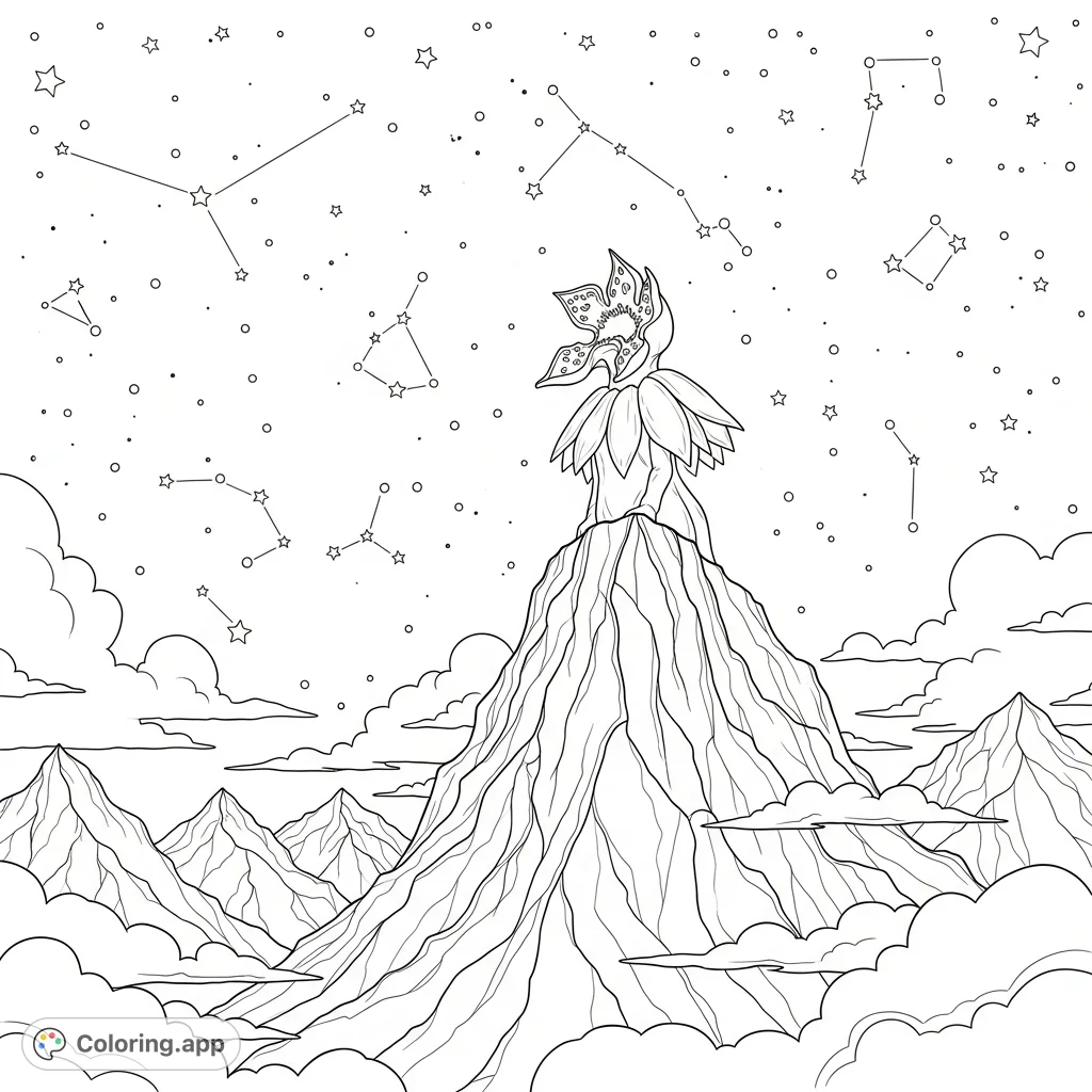 Witness a majestic Demogorgon atop a rugged mountain, gazing at a star-filled night sky. A contemplative and detailed free printable coloring page.