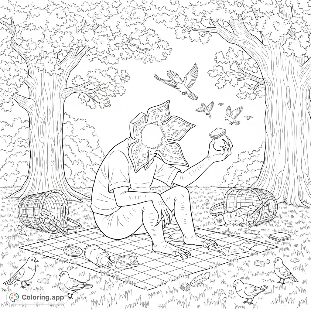 An unusual Demogorgon coloring page featuring the creature awkwardly picnicking in a park with scattered food and curious birds. A quirky, free printable coloring page.