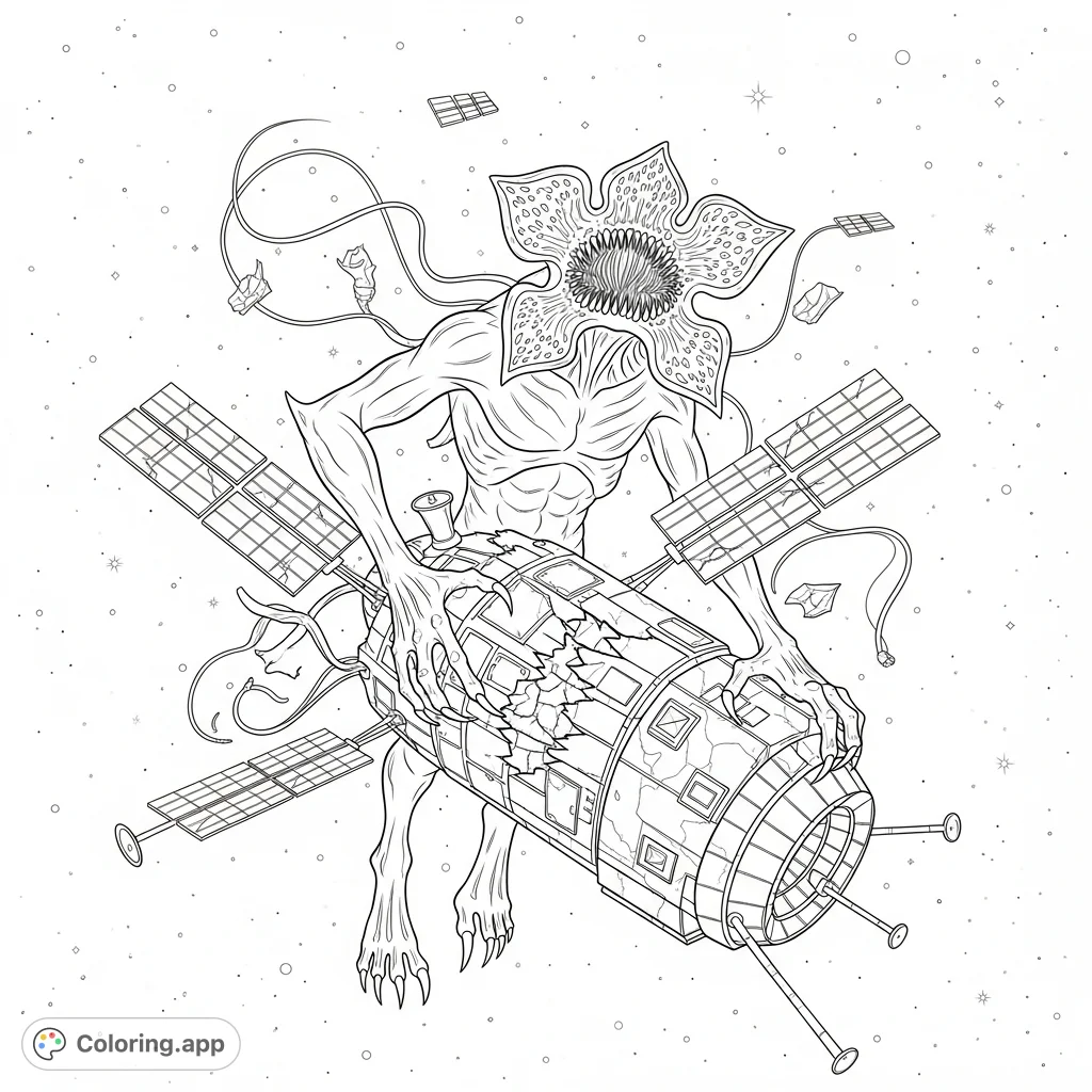 A colossal Demogorgon clutches a shattered space probe amidst the stars, offering a thrilling sci-fi horror coloring experience for fans.