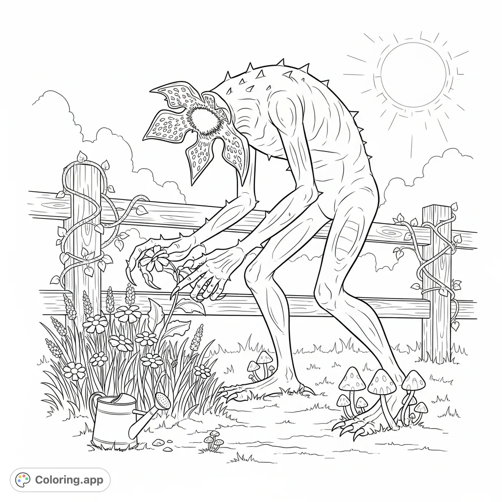 A towering Demogorgon surprisingly tends delicate wildflowers and fungi in a sun-dappled clearing, creating an intriguing contrast for a unique coloring experience.