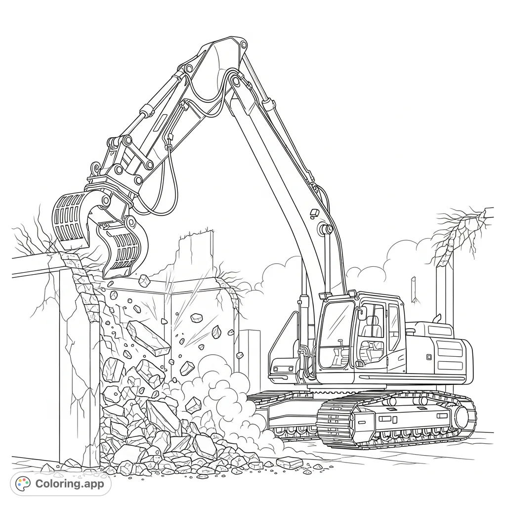 A dynamic coloring page depicting a powerful demolition excavator with an extended arm and claw, actively tearing down old concrete walls amidst falling debris and dust.