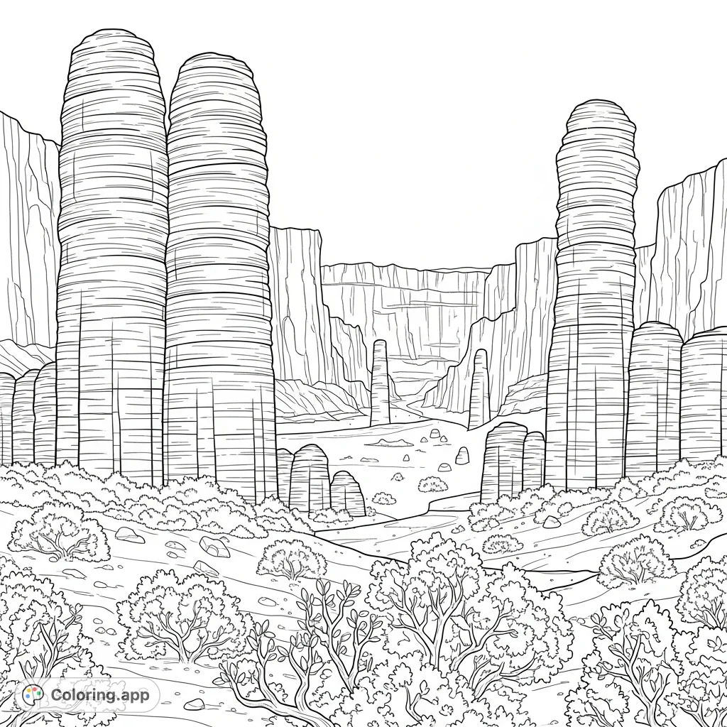 Explore a stunning desert canyon featuring towering, stacked rock columns with intricate striations and sparse, resilient shrubs. A captivating nature scene.
