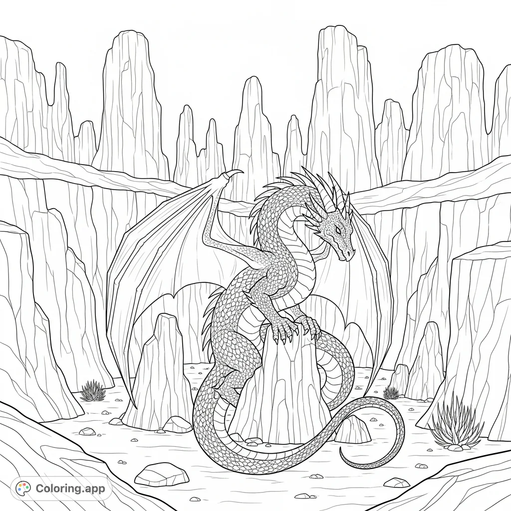 A majestic dragon coils among towering rock spires in a rugged desert canyon. Intricate scales and dramatic landscape offer an exciting coloring challenge.