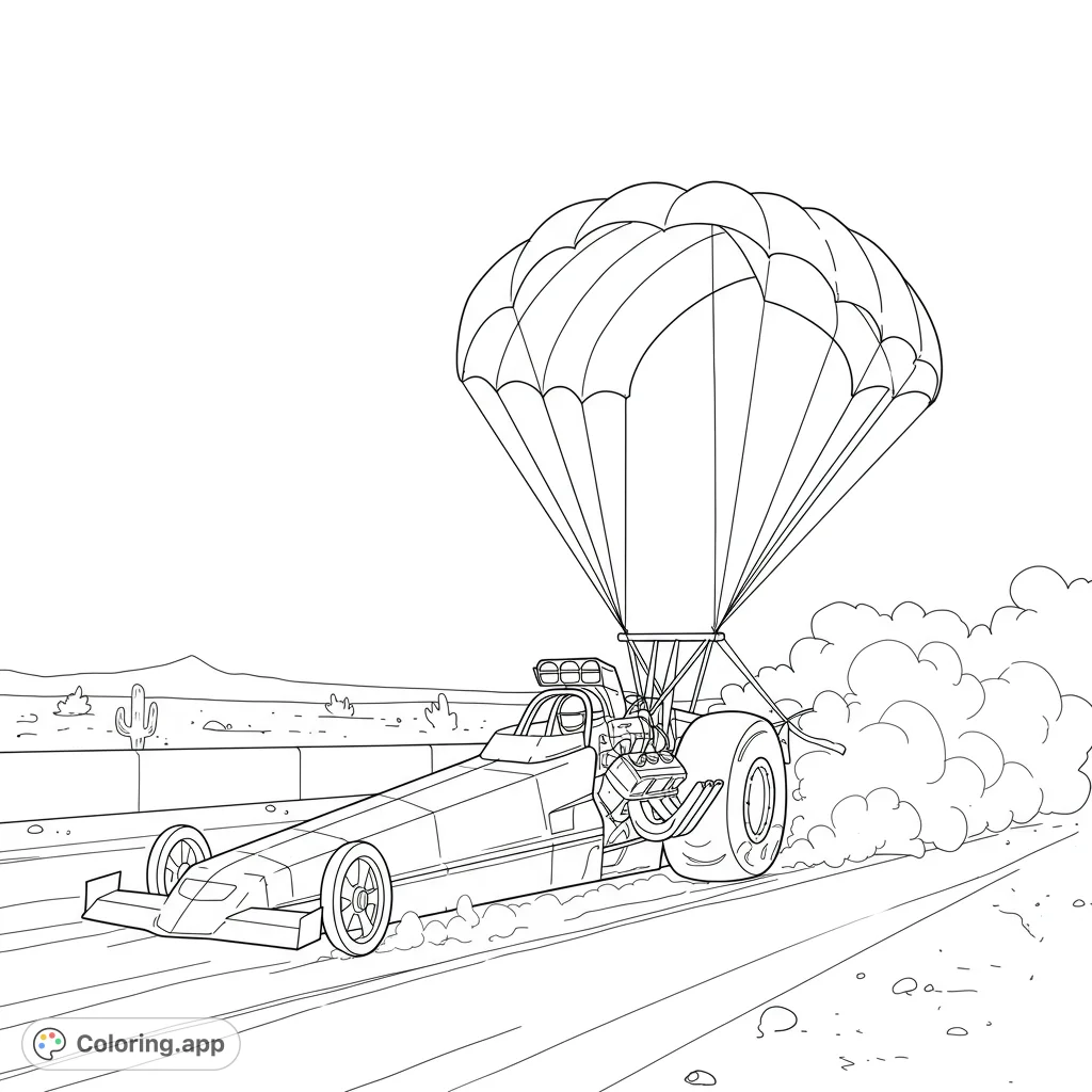 Experience the thrill of a dragster deploying its parachute on a desert track. A dynamic racing scene perfect for speed enthusiasts.
