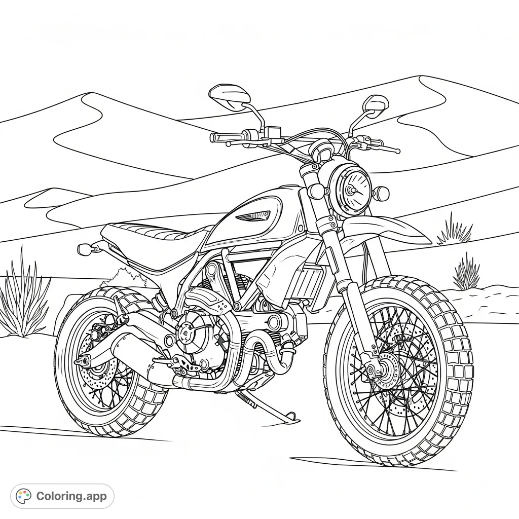 Color a powerful Ducati Scrambler with knobby tires against a backdrop of sweeping sand dunes. A detailed page for motorcycle enthusiasts.