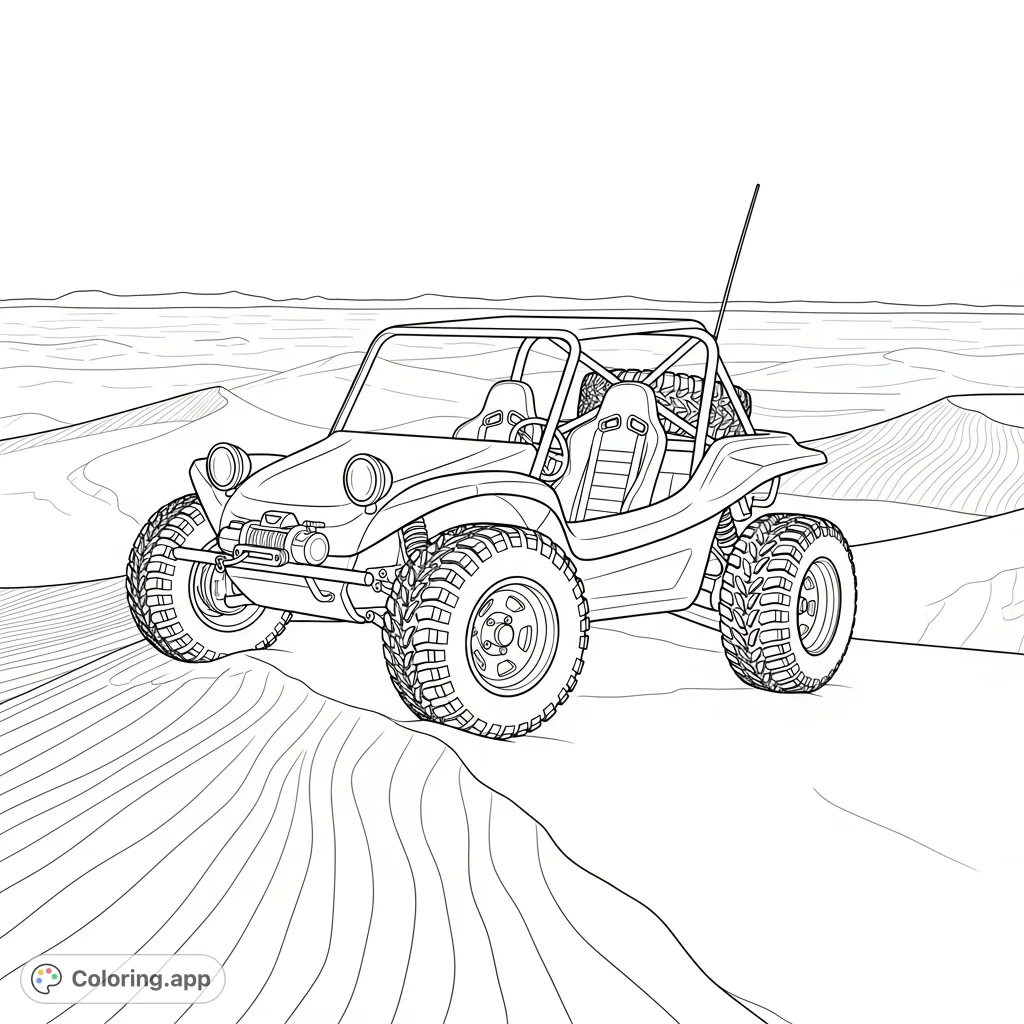 A detailed coloring page featuring a rugged dune buggy parked on a vast sand dune, with an expansive desert horizon in the background.