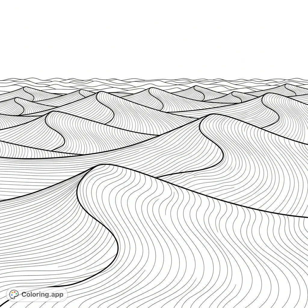 A captivating desert scene featuring rolling dunes adorned with elegant, simplified rippling sand patterns. A wide, clear sky meets a distant horizon.